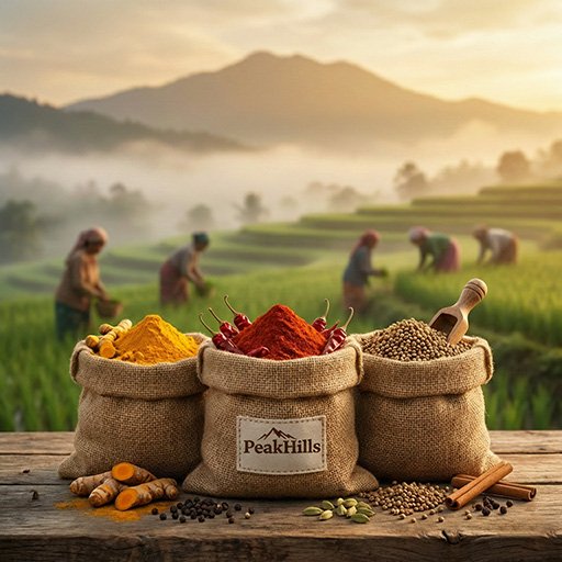 PeakHills bulk spices - jute sacks with turmeric and chilies, Himalayan farm in background